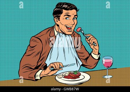 Elegant retro man eats in the restaurant and drinking wine Stock Vector