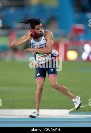 Great Britain's Sam Ruddock competes in the Men's Shot Put F35 Final during the fifth day of the 2016 Rio Paralympic Games in Rio de Janeiro, Brazil. Stock Photo