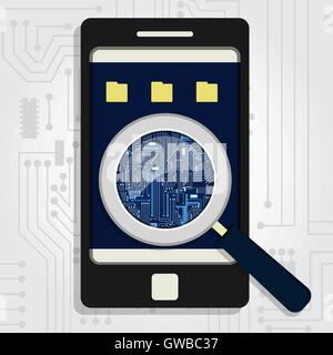 Magnifying glass enlarging the electronic circuit on the phone monitor showing the operating system. Stock Vector