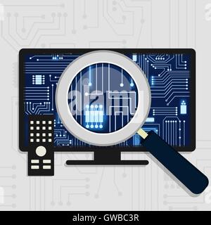 Magnifying glass enlarging the electronic circuit on the tv monitor. Showing the television board. Stock Vector