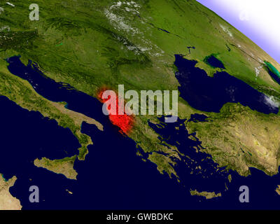 Albania highlighted in red as seen from Earth's orbit in space. 3D illustration with highly detailed planet surface. Elements of Stock Photo