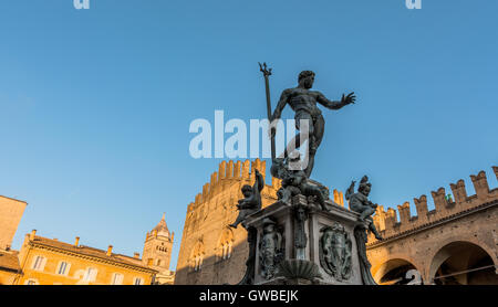 Neptune Statue and Piazza Maggiore in Bologna, Italy. Stock Photo