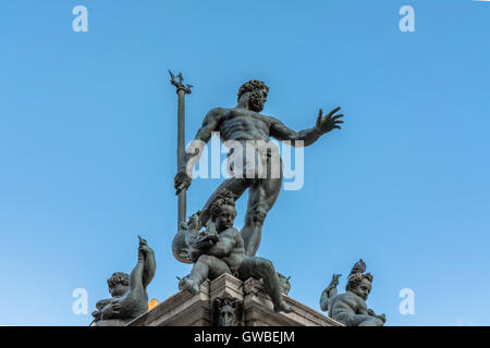 Neptune Statue and Piazza Maggiore in Bologna, Italy. Stock Photo