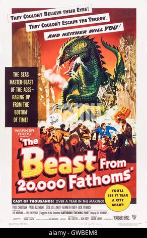 The Beast from 20,000 Fathoms (1953) directed by Eugène Lourié and starring Paul Hubschmid, Paula Raymond and Cecil Kellaway. An atomic test in the Arctic awakens a huge dinosaur which causes havoc down the US Eastern seaboard. Stock Photo