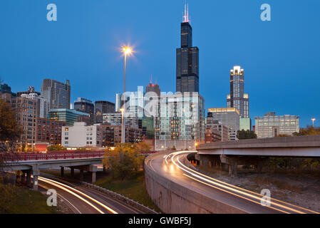 City of Chicago. Image of modern dynamic city of Chicago at twilight. Stock Photo