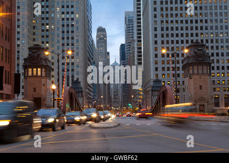 Street of Chicago. Image of La Salle street in Chicago downtown at twilight. Stock Photo