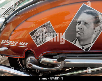Photographs of the actor, Patrick McGoohan, stuck on the scooter of a mod in Brighton Stock Photo