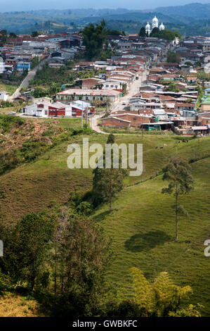 Views of the village of Filandia from the Molina lookout, Colombia. Finlandia, is a municipality of the Coffee Triangle. Colombian coffee growing axis. The Colombian coffee Region, also known as the Coffee Triangle, is a part of the Colombian Paisa region in the rural area of Colombia, famous for growing and production of a majority of the Colombian coffee, considered by some as the best coffee in the world Stock Photo