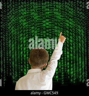 Boy, businessman student teacher with binary on background Stock Photo
