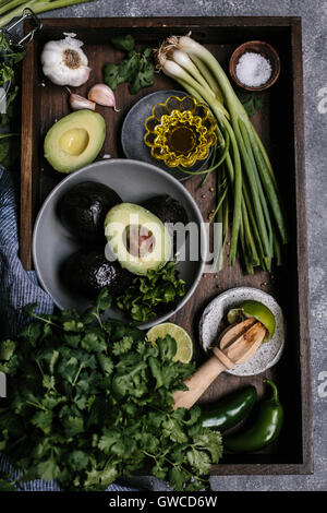 Ingredients for Creamy Avocado Salad Dressing are photographed from the top view. Stock Photo