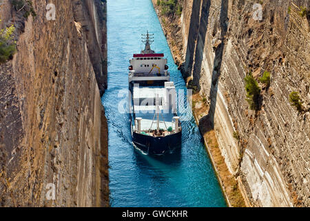 Ship cross The Corinth Canal Stock Photo