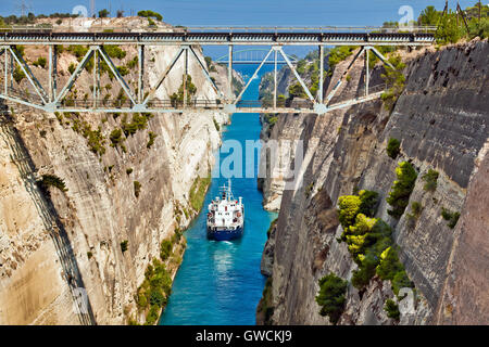 Ship cross The Corinth Canal Stock Photo