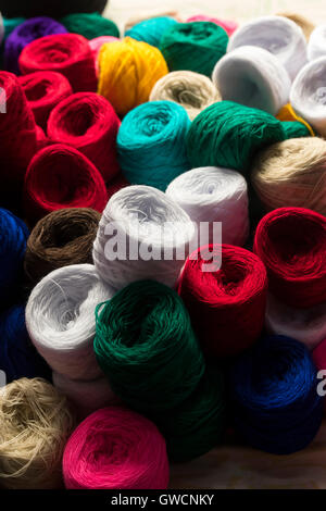 Wool threads. Tuesday is the day on which the Misak, Guambianos, Indigenous people reach the market to trade their products, veg Stock Photo