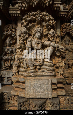 Shrine wall relief sculpture follows a stellate plan in the Chennakesava temple at Somanathapura,Karnataka,India, Asia Stock Photo