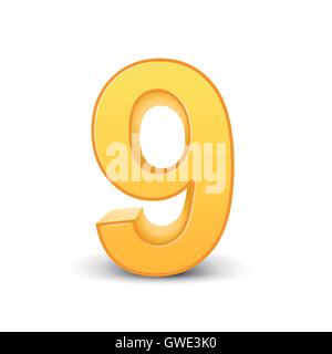 3D image shiny yellow number 9 isolated on white background Stock Vector