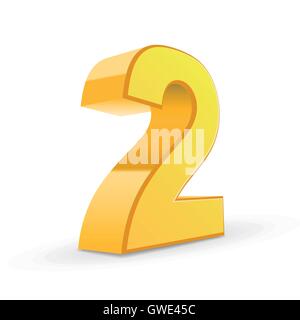 3D image shiny yellow number 2 isolated on white background Stock Vector