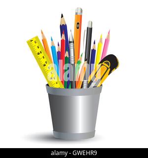 pencil, eraser, ruler, pen, vector, knife, cutter, box, color, illustration, set, white background, office, design, green Stock Vector
