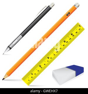 pencil, eraser, ruler, pen, vector, color, illustration, set, white background, office, design, green, background, art, colorful Stock Vector