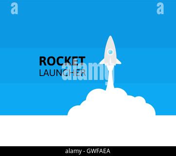 Blue rocket and white cloud, icon in flat style, vector illustration Stock Vector