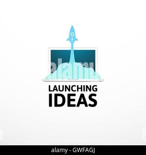 Blue rocket and laptop, icon in flat style isolated on white background Stock Vector