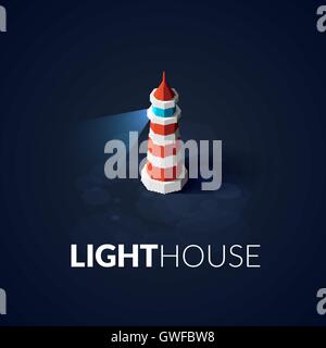 Flat isometric red lighthouse icon on blue sea Stock Vector