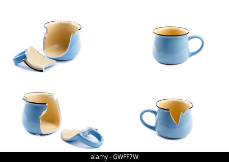 Broken and whole coffee cup ,different angles isolated on white background Stock Photo