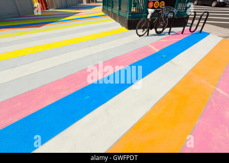 Multicolored painted sidewalk in Brooklyn, New York. Stock Photo