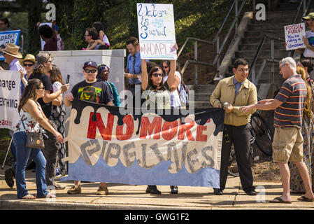 Decatur, Georgia, USA. 13th Sep, 2016. The Georgia Chapter of the Sierra Club holds a rally in Decatur, Georgia to demonstrate opposition to the building of the Dakota Access Pipeline and show support for the indigenous leaders in North Dakota who are protesting against its construction. The organizers of the rally call on President Obama to instruct the Army Corps of Engineers to revoke the construction permits for the oil pipeline. Credit:  Steve Eberhardt/ZUMA Wire/Alamy Live News Stock Photo