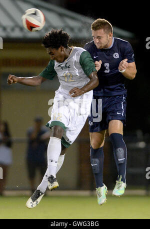 Williamsburg, VA, USA. 13th Sep, 2016. 20160913 - William and Mary midfielder MARCEL BERRY (12) and Georgetown defender PETER SCHROPP (3) play a head ball in the second half at Martin Family Stadium in Williamsburg, Va. © Chuck Myers/ZUMA Wire/Alamy Live News Stock Photo