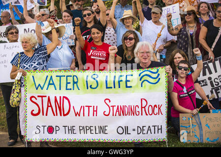 Decatur, Georgia, USA. 13th Sep, 2016. The Georgia Chapter of the Sierra Club holds a rally to demonstrate opposition to the building of the Dakota Access Pipeline and show support for the indigenous leaders in North Dakota who are protesting against its construction. The organizers of the rally call on President Obama to instruct the Army Corps of Engineers to revoke the construction permits for the oil pipeline. © Steve Eberhardt/ZUMA Wire/Alamy Live News Stock Photo