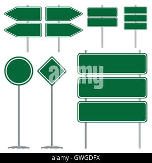 green, sign, road, blank, highway, isolated, background, vector, board, illustration, white, information, city, way, post Stock Vector