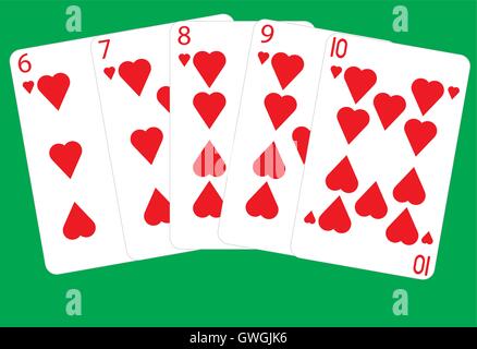 A Straight Flush Winning  Poker Hand on a green background Stock Vector