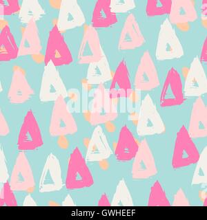 Hand painted triangles and brush strokes in blue, pink and white. Seamless abstract repeating geometric background. Stock Vector