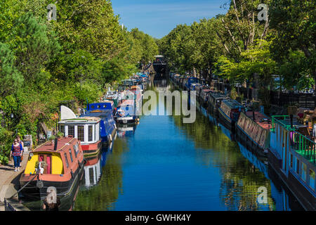 Narrow boats and barges moored on the Regency Canal at Warwick Avenue, ‘Little Venice’, London W9 Stock Photo