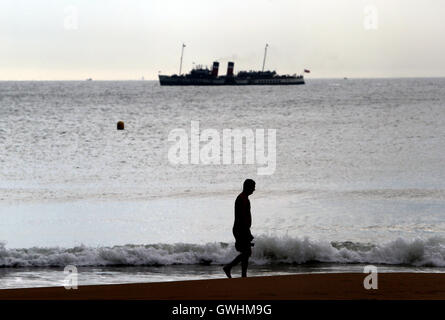 The Waverley Paddle steamer passes Bournemouth, Dorset, as the UK sees both thunderstorms and hot summery sunshine on what could be the hottest September day in more than 50 years. Stock Photo