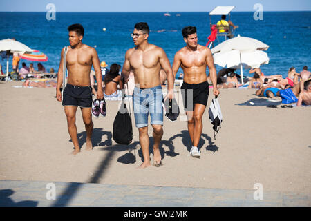 Unidentified people at Barcelona city beach. 400 meters long, it is one