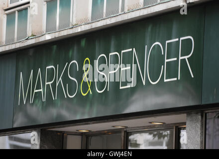 Swansea, Wales, UK. Alamy Stock. A Marks & Spenser sign on a UK high street Stock Photo