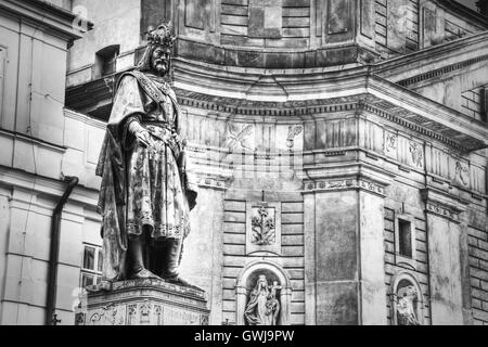 Monument of Charles IV Charles Bridge in Prague, Czech Republic. Black&White picture. Stock Photo