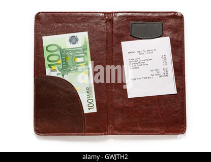 Open check folder with bill and euro banknotes Stock Photo
