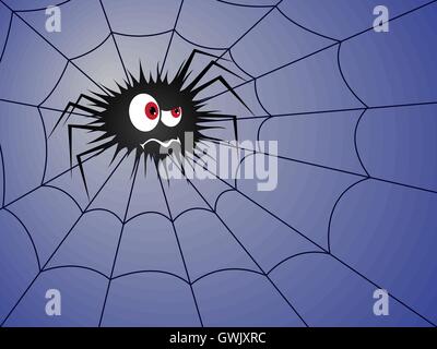 Angry spider on the cobweb with blue background, hand drawing Halloween cartoon vector illustration Stock Vector