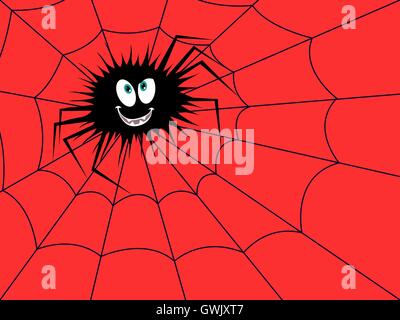 Big funny dark spider on the cobweb with red background, hand drawing Halloween cartoon vector illustration Stock Vector