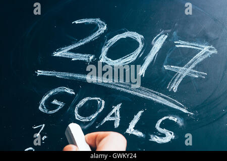 Plan a list of goals for 2017 hand written on a blackboard. Stock Photo
