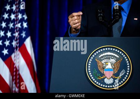 U.S. President Barack Obama gestures during his press conference after the ASEAN Summit at the National Convention Center September 8, 2016 in Vientiane, Laos. Stock Photo