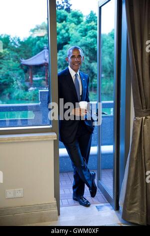 U.S President Barack Obama waits between meetings at the West Lake State Guest House during the G20 Summit at the International Expo Center September 4, 2016 in Hangzhou, China. Stock Photo