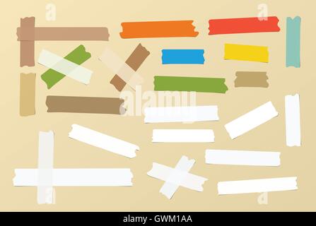 Pieces of different size, colourful, sticky, adhesive masking tape are on brown background Stock Vector