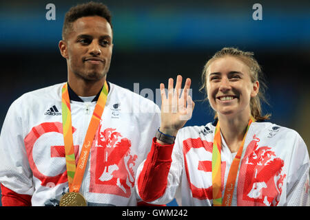 Great Britain's Libby Clegg and guide Chris Clarke winning the Women's 200 metres - T11 Final during the sixth day of the 2016 Rio Paralympic Games in Rio de Janeiro, Brazil. Stock Photo