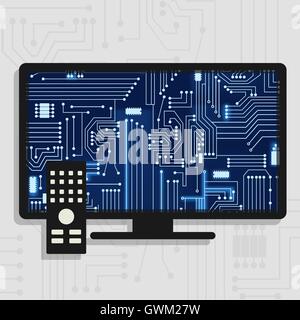 Television with remote control showing electronic circuits inside Stock Vector