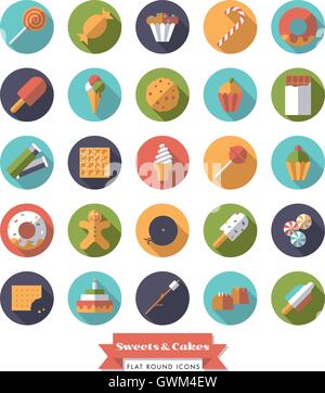 Collection of candy, sweets, cookies and cakes flat design long shadow round icons Stock Vector