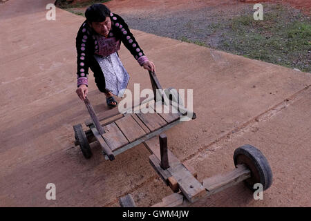 Member of Hmong Tribe in Mae Khi village with a traditional wooden go cart in Mae Rim District, Chiang Mai, northern Thailand. Many Hmong people migrated from Laos to Thailand following the victory of the Pathet Lao in the late 1970s. While some ended up in refugee camps, others settled in mountainous areas becoming one of the ethnic groups referred to as Hill Tribes in Thailand Stock Photo