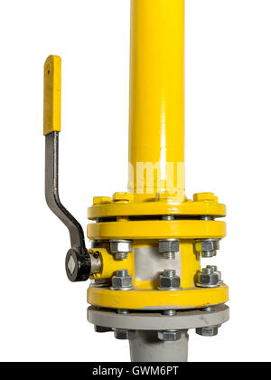 Yellow gas valve on gas pipe shot on white Stock Photo